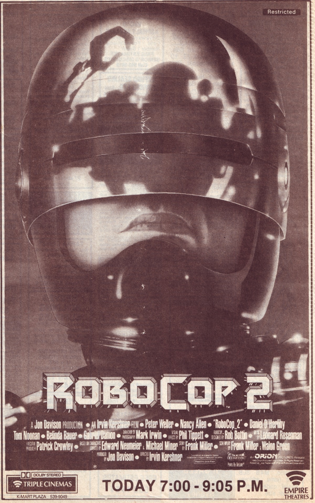 sniktawt:  Newspaper ad for Robocop 2 cut from the June 22, 1990 edition of The Cape