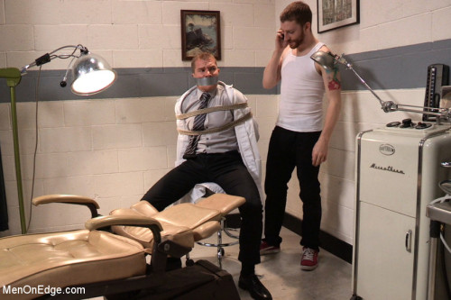 bondagebadboys:  GALLERY: Look mom no cavities!!! Sebastian’s at the dentist visiting Dr. Alex Adams when he ties the poor dentist up and calls Van to join in on the fun. When he arrives the two start playing with Dr. Adams’ fat cock till it’s rock