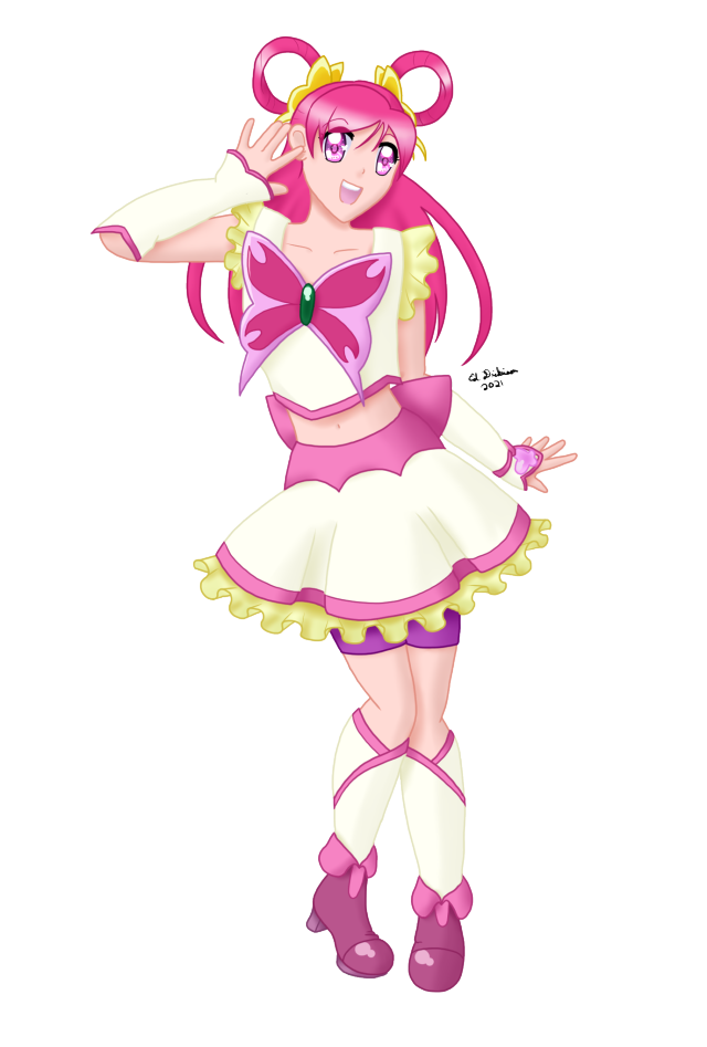 Digital fullbody drawing of Cure Dream in Yes PreCure 5, smiling and waving towards viewer, hand by face, other hand out behind her.