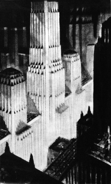 nobrashfestivity:Hugh Ferriss, Architectural Renderings, 1910-1940 Ferriss was a fascinating illustr