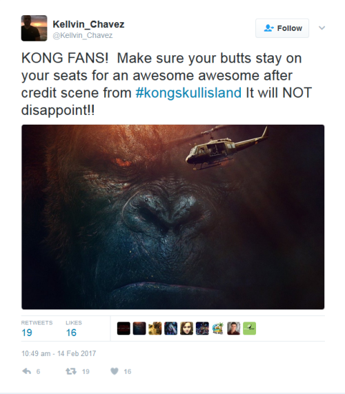 purple-daisies-love:skull-island-news:Kellvin Chavez on Twitter: KONG FANS! Make sure your butts sta