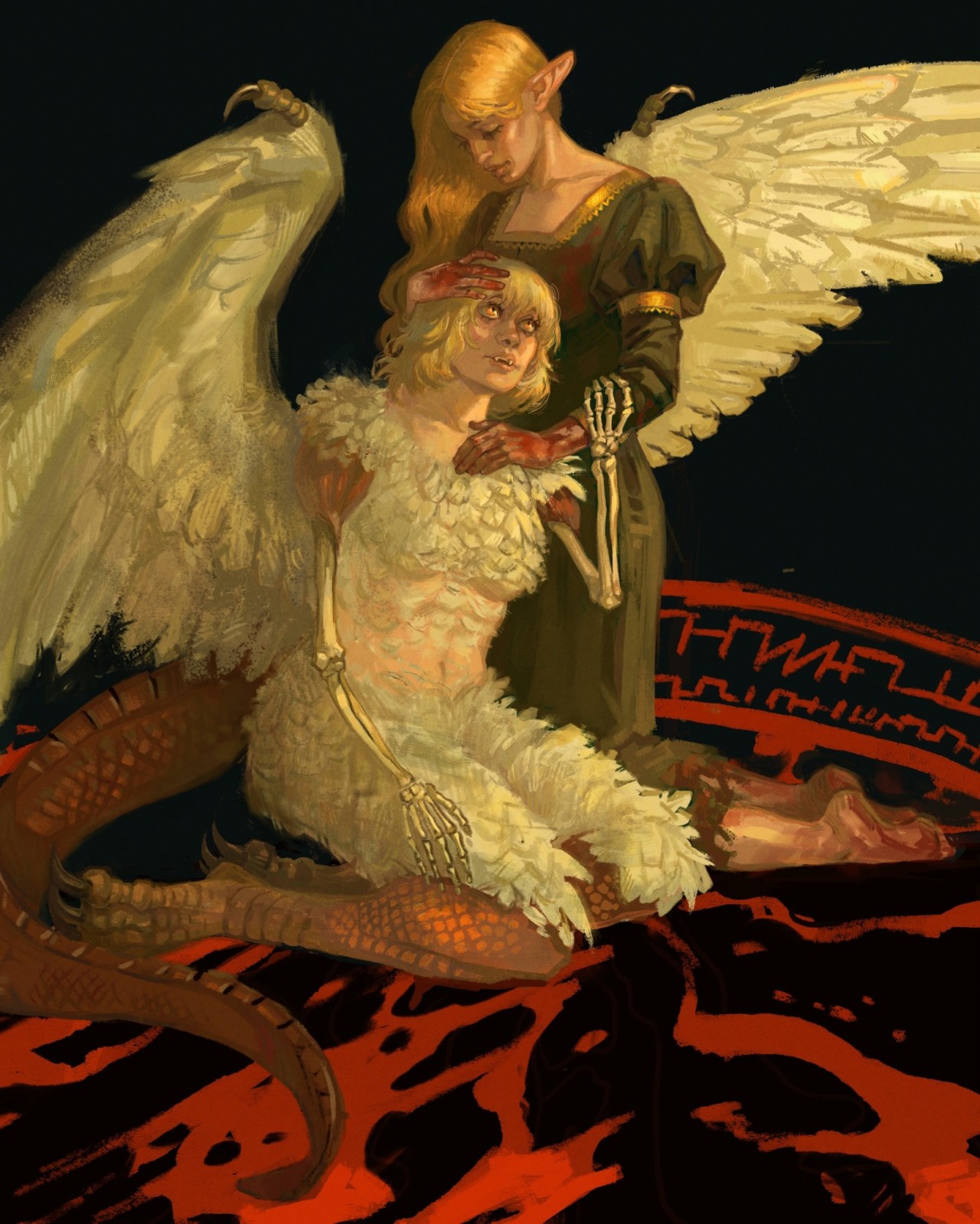 a close-up of the painting below, depicting Marcille and Falin from Dungeon Meshi.