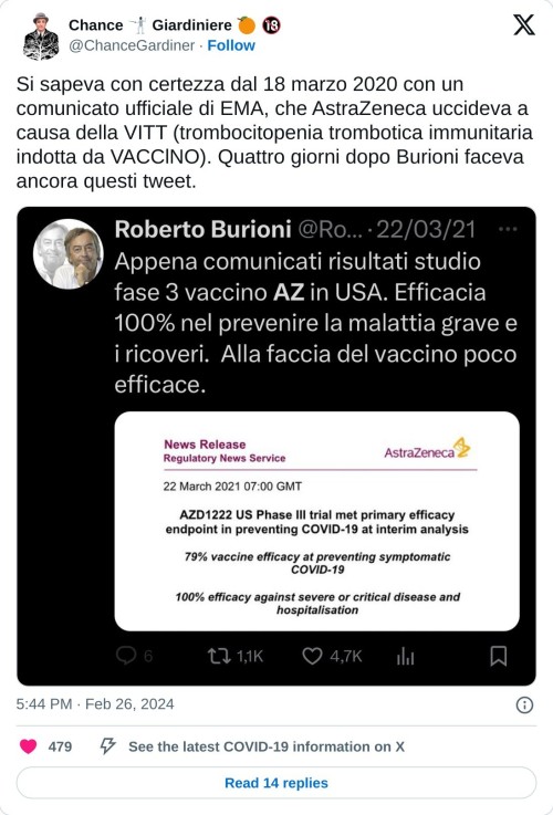 Si sapeva con certezza dal 18 marzo 2020 con un comunicato ufficiale di EMA, che AstraZeneca uccideva a causa della VITT (trombocitopenia trombotica immunitaria indotta da VACClNO). Quattro giorni dopo Burioni faceva ancora questi tweet. pic.twitter.com/TlooVZM8Uo  — Chance 🤺 Giardiniere 🍊 🔞 (@ChanceGardiner) February 26, 2024