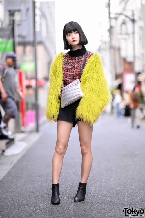 14-year-old Japanese student and aspiring model Kanade on the street in Harajuku wearing a shaggy fa