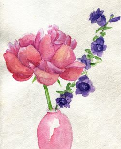 havekat: Simple Arrangement Watercolor and Gouache On Cotton Paper 2017, 9″:x 12″ Peony and Canterbury Bells Campanula 