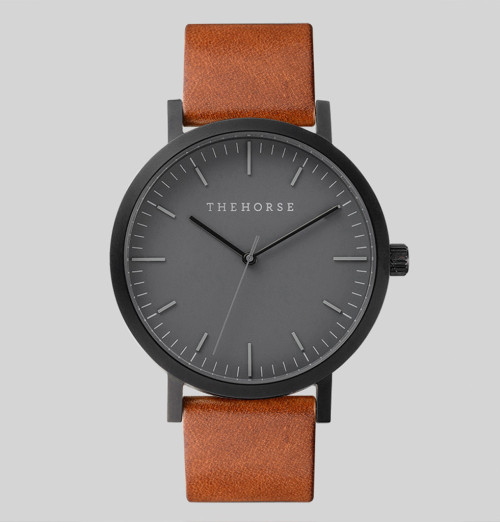 whatisindustrialdesign:  Matte Black & Tan Leather Watch / THEHORSE A simple take on the classic time-teller. Featuring a sandblasted, matte-black stainless steel case, with cool grey face, minimalist markers and premium tan leather band. The Horse