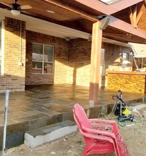 Outdoor Kitchen In Dallas Mid-sized Minimalist Backyard Tile Patio Kitchen Photo With A Roof Extension