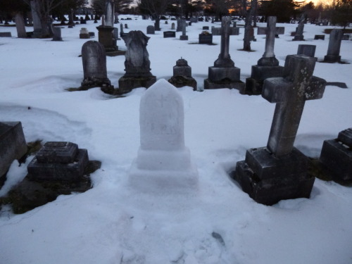 The weather was warm yesterday so I went to the cemetery and made a snow tombstone, which really doe