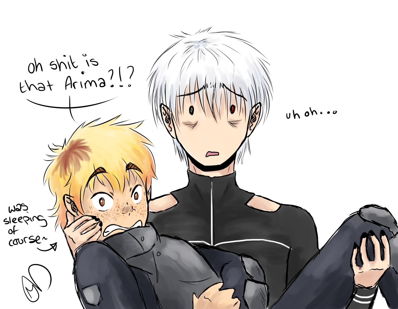 mildlycuriousdragon:  Doodle thing based on a conversation between kanekis-perky-buttocks and