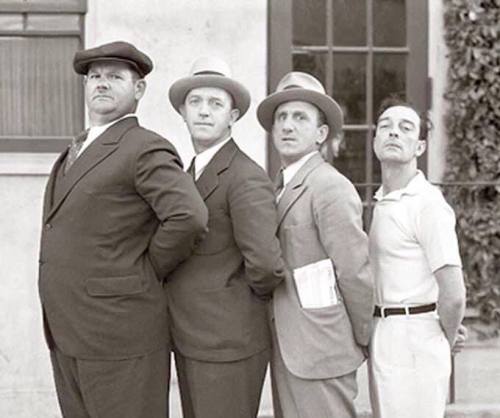 frenchcurious:Oliver Hardy, Stan Laurel, Jimmy Durante and Buster Keaton, 1932 - source Art Deco.