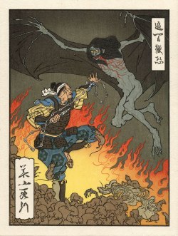 xombiedirge:  Yokai Dracul by Jed Henry / Tumblr / Store 7” X 9” Castlevania inspired woodblock print. Available HERE.