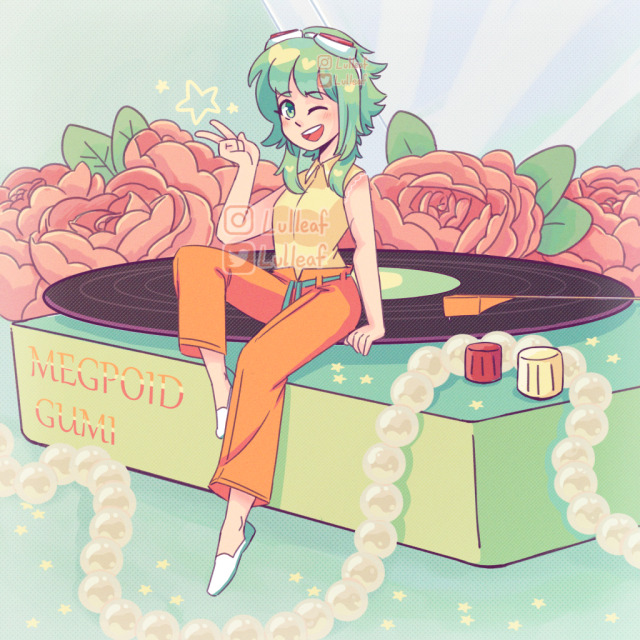 Digital drawing of Gumi Megpoid sitting on a record in a record player surrounded by pink flowers and a pearl necklace. She is smiling and making a peace sign.