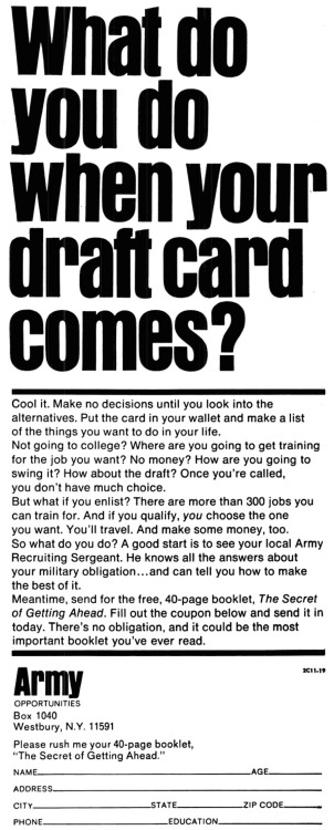 1965 US Army draft and recruitment ad.Source: LIFE Nov. 19, 1965