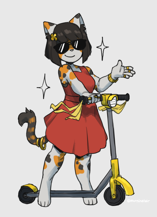 Digital illustration of an anthro calico cat character wearing a lot of gold jewelry and sunglasses posing smugly while riding a scooter.