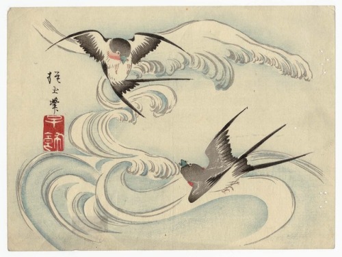 wonderlartcafe:Swallows and Waves 波に燕, Yamada Hōgyoku (Japanese, active 1820s–1840s)