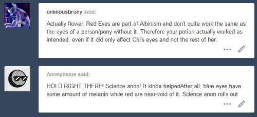 askflowertheplantponi: Flower’s Answers 03.   Potion hasn’t fully wore off, so Chi does have red and blue colored eyes now.She’s looking so cute with two colored eyes, just like mah cousin Cherry slime, but she kinda does have heterochomia… I’m