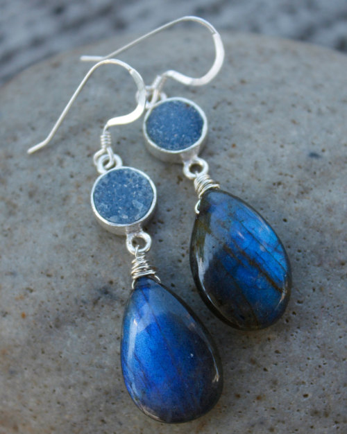 Grey Druzy and Labradorite Earrings in Sterling Silver 