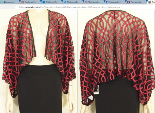 Trac jacket shrugblack lace, red ribbon, open bolero.90% nylon + 10% polyester.Made in USA.New With 