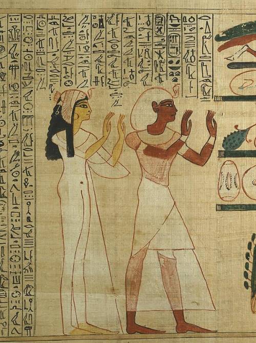 totenbuch:King Herihor and Queen Nodjmet adore Osiris, detail from the Book of the Dead of Nodjmet.