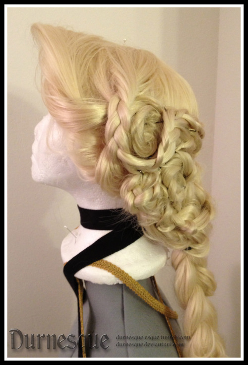durnesque-esque:  durnesque:  I have been working on restyling Cinderella and Rapunzel wigs for the past two days… I hate them both. They look fine, but I honestly HATE working with wigs. Give me real hair any day of the week.  Going to add flowers