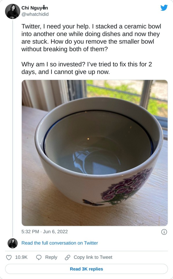 Twitter, I need your help. I stacked a ceramic bowl into another one while doing dishes and now they are stuck. How do you remove the smaller bowl without breaking both of them? Why am I so invested? I’ve tried to fix this for 2 days, and I cannot give up now. pic.twitter.com/ONfuw7L9dH — Chi Nguyễn (@whatchidid) June 6, 2022