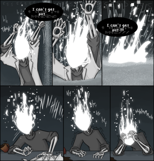 angelia-dark: zarla-s:  [Previous] A strange, awkward dinner for all involved. Gaster’s nightmare is symbolic, as you can probably guess. Dust is a recurring theme for him for various reasons. When you’re tired and hungry and freaked out, you’ve