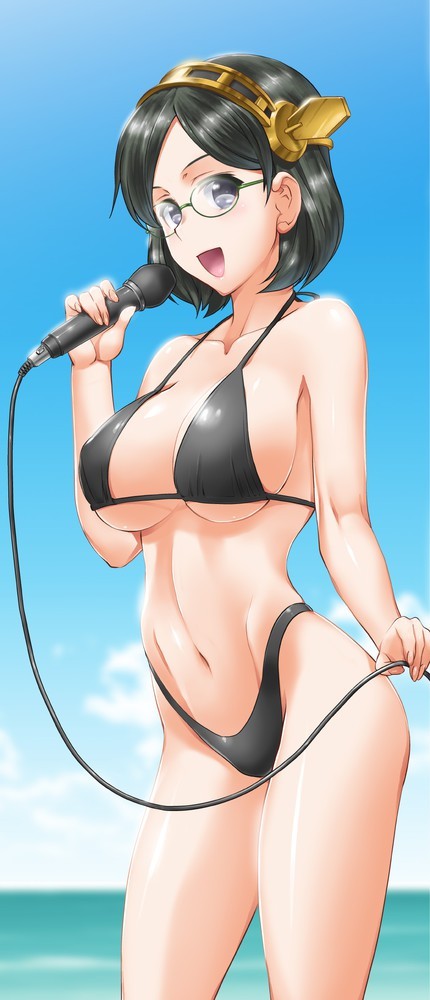 艦隊これくしょん、霧島（艦これ）、byeontae jagga、高解像度、おへそ、ビキニ、アンテナ、ハイレグ、ヘッドギア、ショートヘア、ハイレグビキニ、ブラックビキニ、マイクロフォン、green-framed