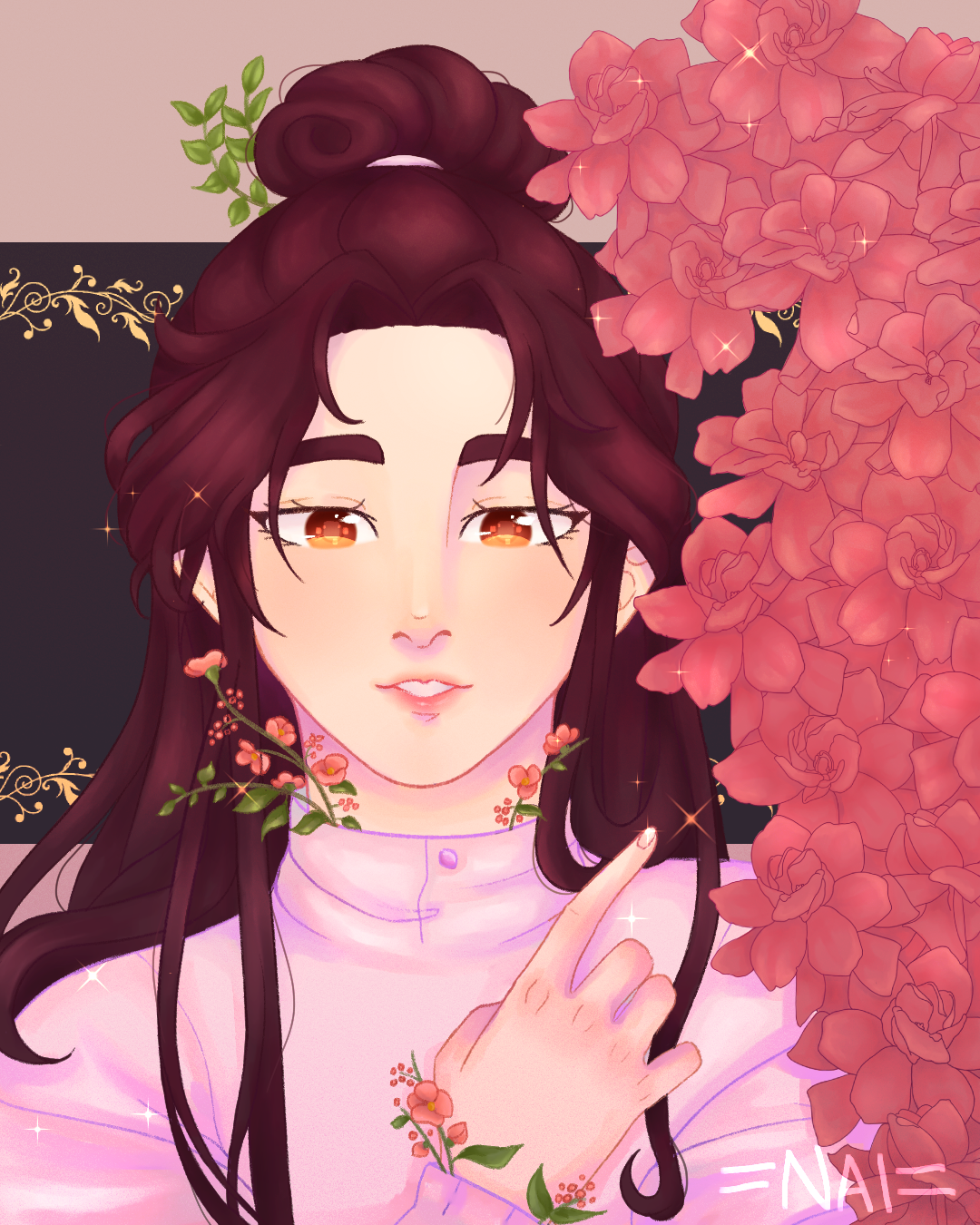 XieLian surrounded by pink roses