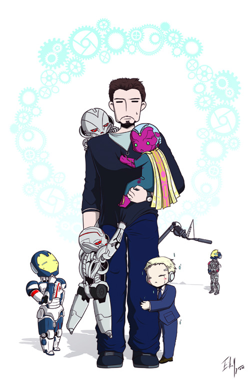 eikuuhyoart:  AND IT IS DONE!! Daddy Stark and his robotic kids! I’ve sent off