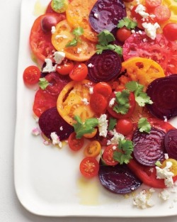 fitvegetarian90:  INGREDIENTS 1 pound scrubbed small beets 2 pounds tomatoes, preferably heirloom 1 pint cherry tomatoes &frac14; cup crumbled feta &frac14; cup fresh cilantro leaves &frac14; cup extra-virgin olive oil Salt and pepper GET MORE Subscribe