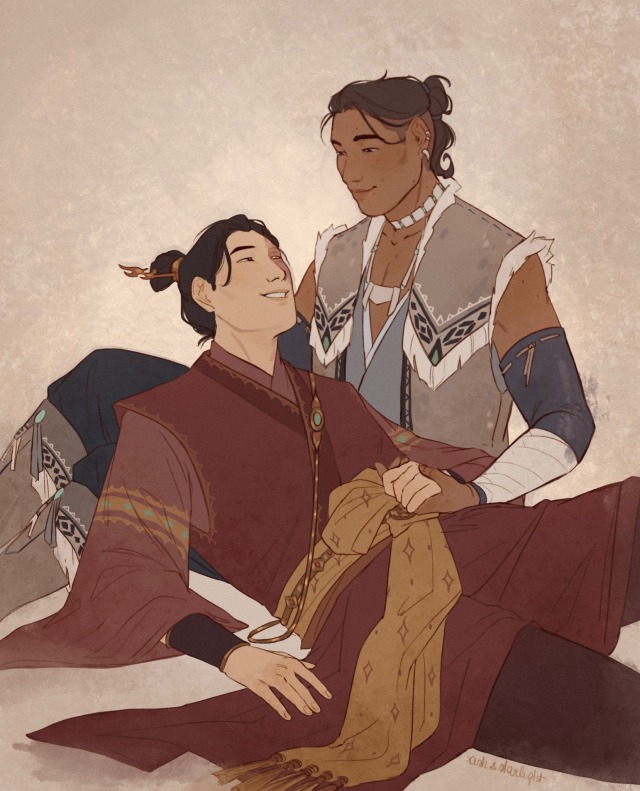 A colored digital drawing of of grown up Sokka and Zuko, Sokka is sitting on the ground, and Zuko is half-lying on his lap, they’re looking at each other with a loving expression and are holding hands. Sokka is wearing blue and light brown water tribe clothes trimmed with white fur along the neck and shoulders, while zuko is wearing red robes with golden accents. The background is a light brown color.