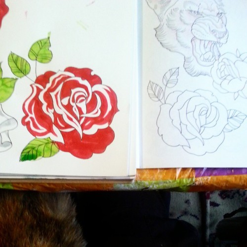 The furry thing on the bottom right is a cat that found it’s way onto my lap.  Working on another flower. #flowers #tattooflash #rose #traditionalamerican