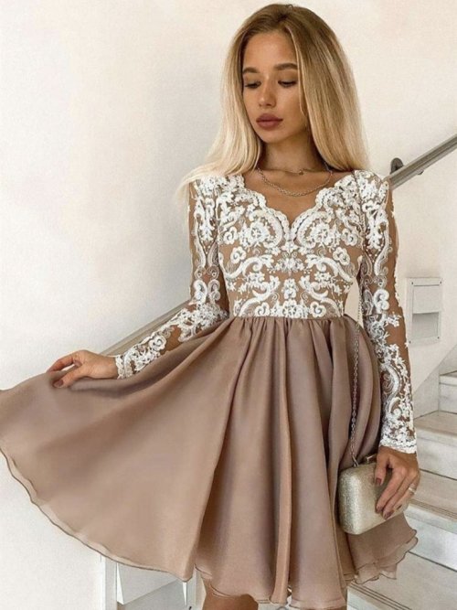jbydress: Long Sleeves Short Champagne Lace Prom Dresses, Short Champagne Lace Formal Graduation Dre