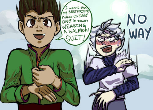 meganebishoujou:  I was watching spongebob the other day and thought of these two dorks…  I imagine killuas first trip to whale island was eventful to say the least  bonus: killua just can’t say no to gon