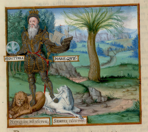 mysterious-secret-garden:Edward III with a unicorn and a lion, England 1567, Hunti manuscript. Lib H