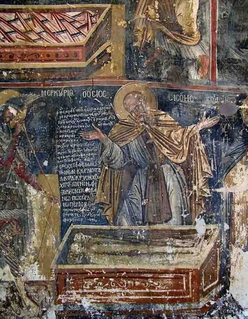 Sisoes the Great at the tomb of Alexander the Great (c. 1552) @ Monastery of Panagia Mavriotissa.