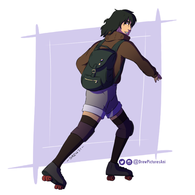 A drawing of a young person looking over their shoulder as they rollerskate. They have shoulder length black hair and are wearing a brown sweater, shorts, and kneehigh socks. Drawn by DrewPicturesAni.