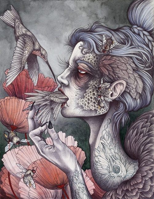 asylum-art:  Christina Mrozik Christina Mrozik is an artist from Michigan, USA. She often draws with ink and marker on paper, adding bursts of color with watercolor and high pigmented acrylics. She views the art making process as one of portraiture, in