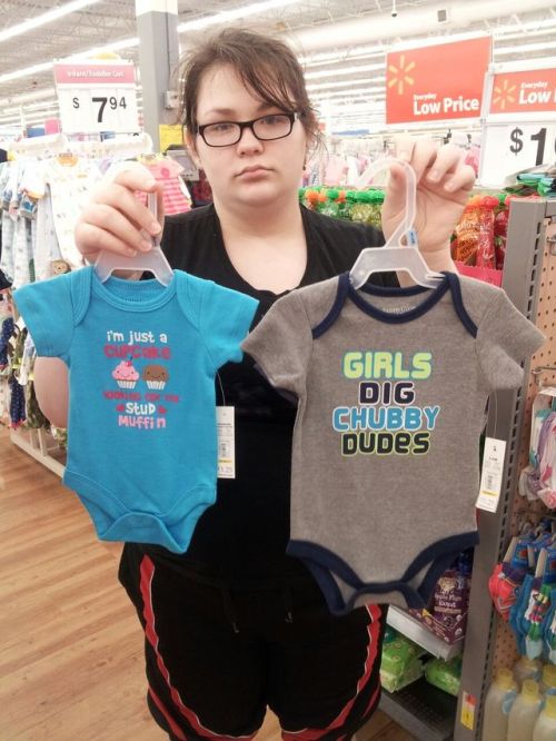 soradiesinkh3:  mommy-queerest:  pilateswytch:  peppersongg:  paperwhale:  peppersongg:  These are a pair of onesies. For infants. One reads “i’m just a cupcake looking for my stud muffin” and the other reads “girls dig chubby guys”. Heteros