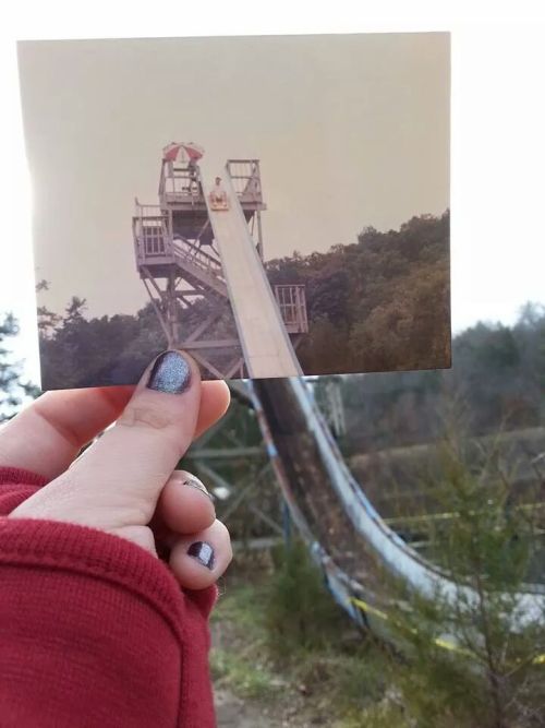abandonedography:  Sequential pictures of my dad in the 80s taken in the same place nearly 30 years later.Dogpatch USA located is located Arkansas and was a theme park that operated from 1968 to 1993 and sat abandoned from 1994 to 2014. (SOURCE)