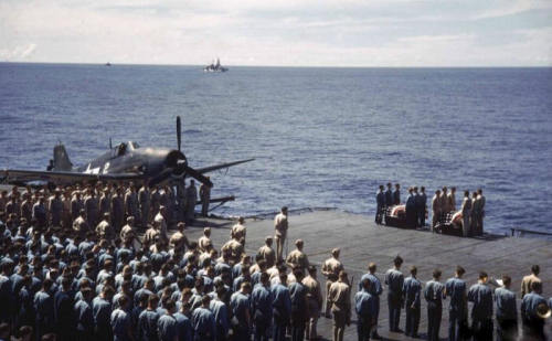 A burial at sea on board the USS Lexington in 1944, [x]