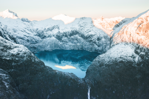 Flying above Quill Lake in Fiodrland National Park, New Zealand.