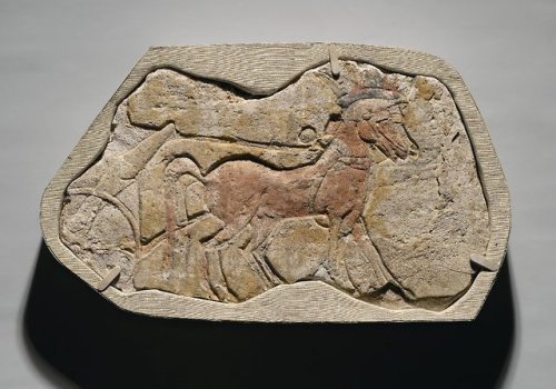 egypt-museum: A Span of Two Horses Pulling a Chariot Fragment of gypsum plaster relief, two horses a