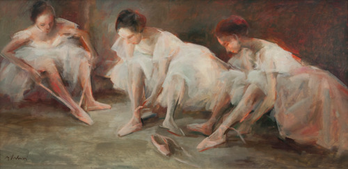 Ballerinas at tying shoelaces   -   Miloslava Vrbova-Stefkova Czech , 1909-1991Oil / masonite, 50 x 