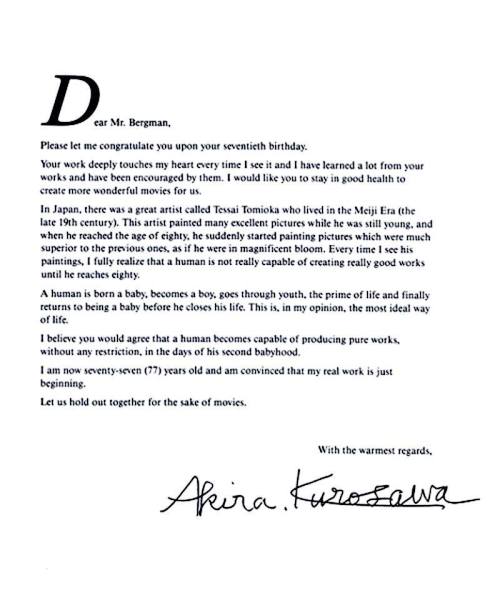 fariharoisin:mubiblog:Ingmar Bergman’s birthday letter from Akira Kurosawa.can somebody pls hi