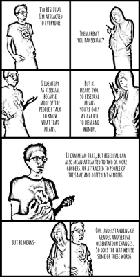 bisexual-community:  A black and white webcomic “modeling” a way to reply in a calm, positive, and factual manner, when someone is continually challenging your sexual orientation –  Dramatis personæ: Two people male-ish but of indeterminate gender