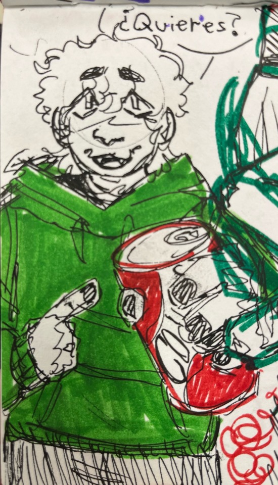 Edd holding out a cola saying " Quieres? "