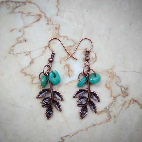 self-made copper earrings with amazonite beads and cute leaves