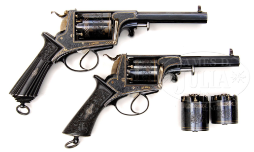 Spectacular pair of engraved and gold inlaid Adams revolvers, mid 19th century.Estimated Value: $30,