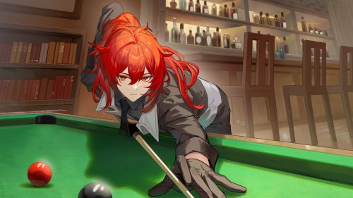 Illustration of Diluc wearing his bartending outfit (from the manga) and leaning forward over a pool table while holding a billiard cue to a billiard ball out of frame. In the background is a bar with rows of drinks on shelves behind it.